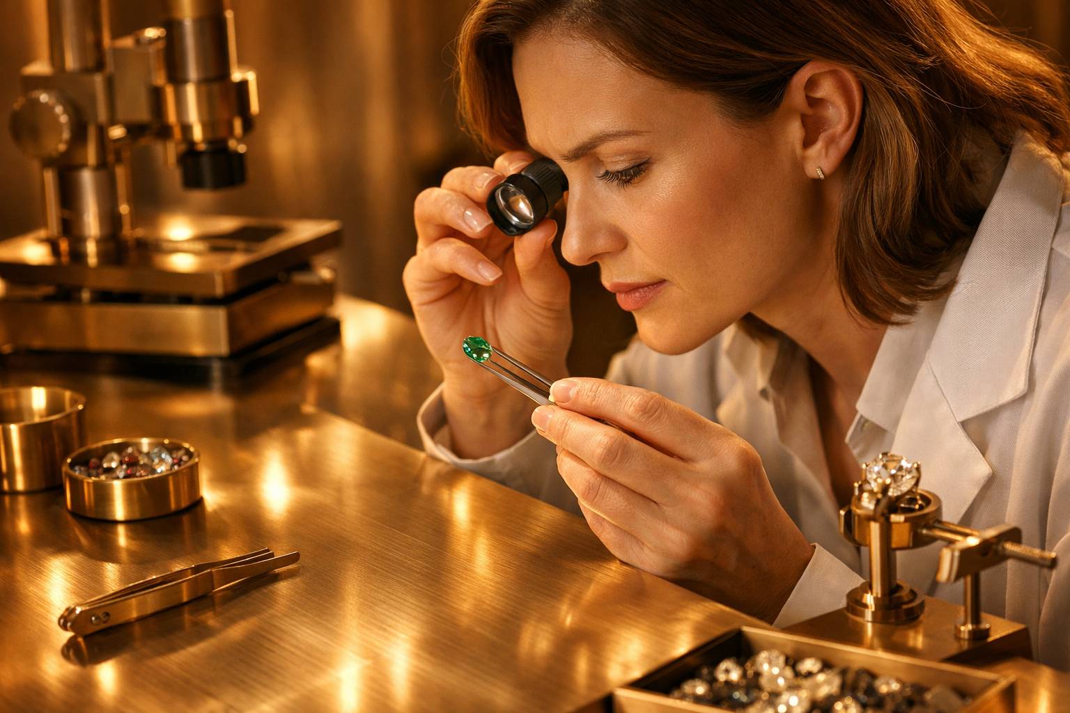 a gemologist using specialized tools to examine a gemstone under controlled lighting