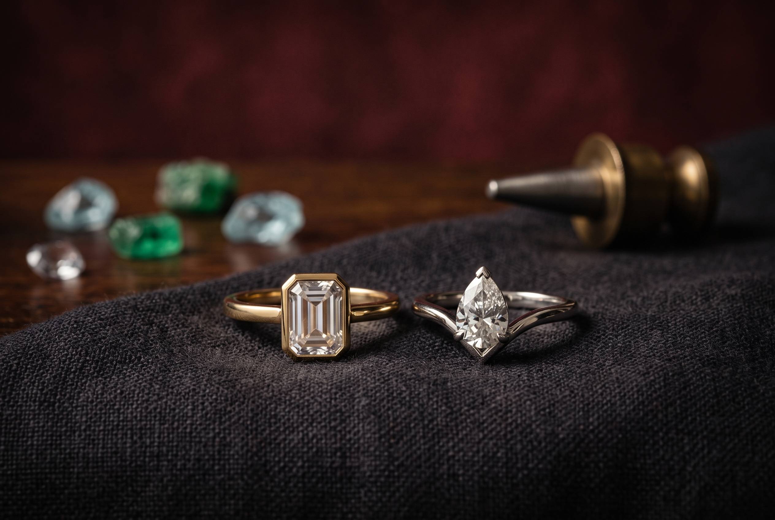 Bezel-set emerald-cut gemstone ring beside a V-prong pear ring on dark linen