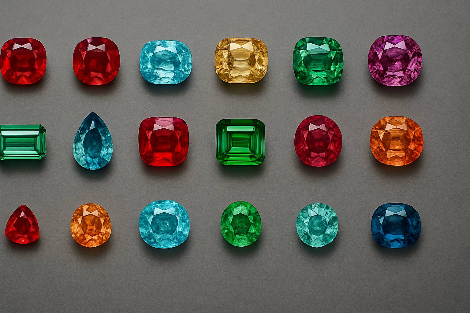 a close-up of colorful gemstones displayed in an organized manner, highlighting diversity