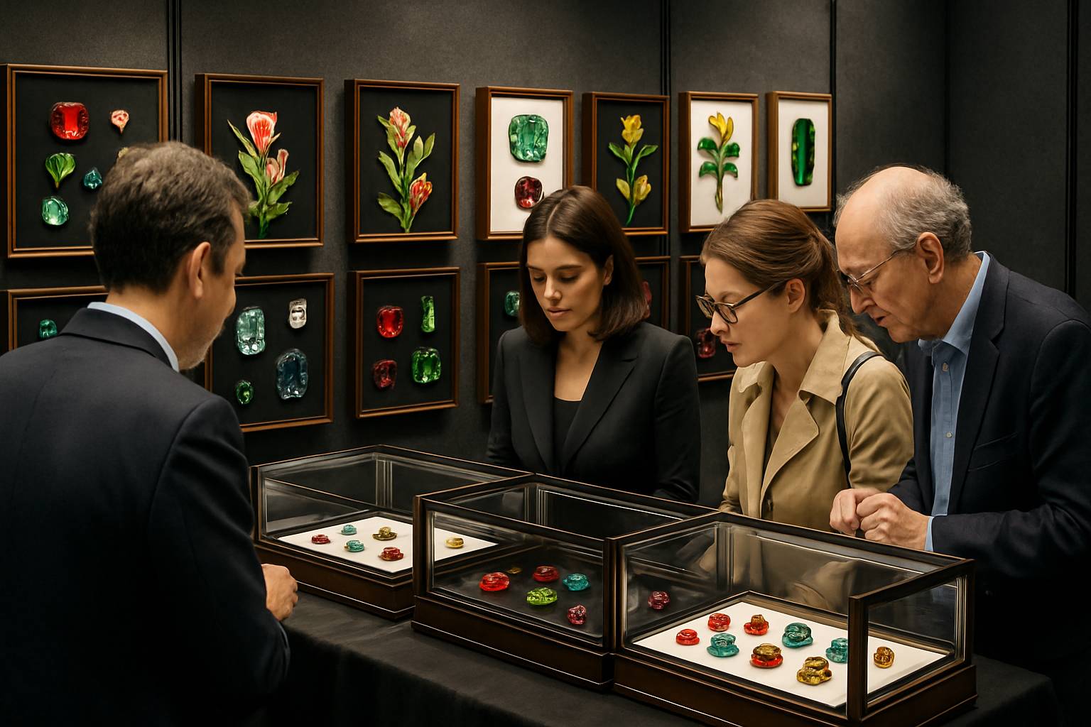 a well-lit gem show booth filled with sparkling gemstones and attentive collectors