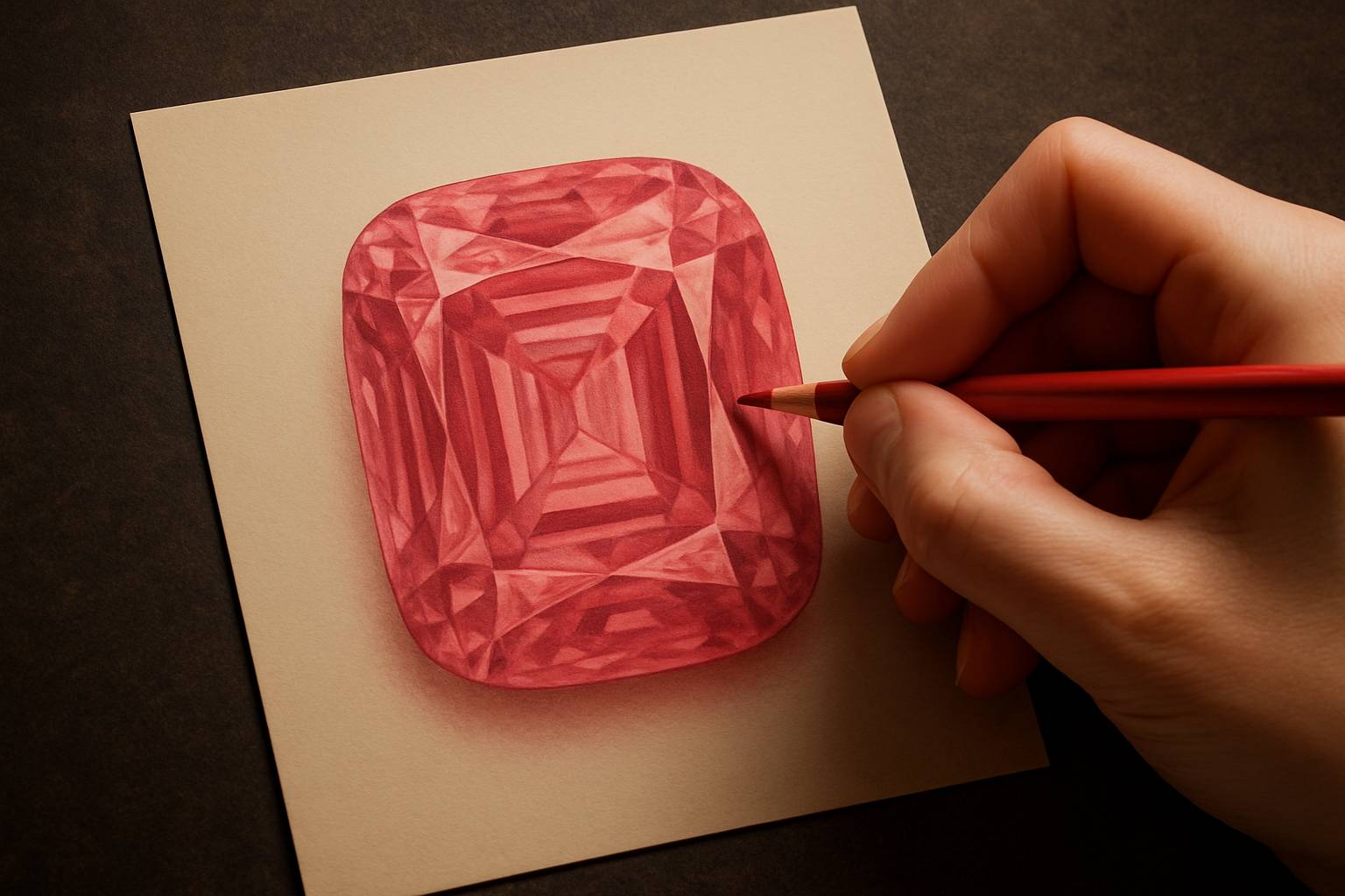 close-up of an artist's hand drawing a detailed gemstone illustration with colored pencils