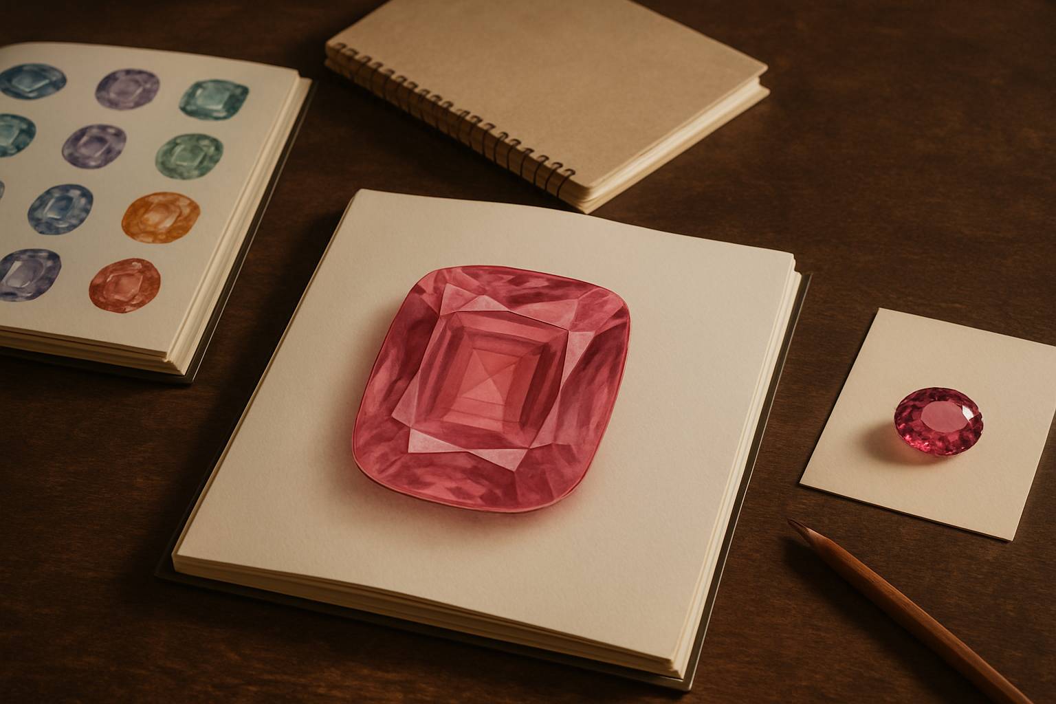 a serene workspace featuring sketchbooks and gemstone reference materials on a wooden table
