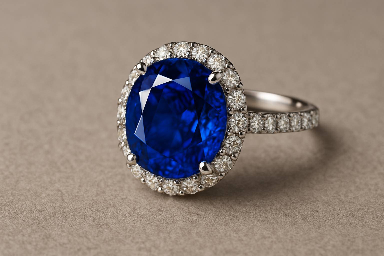 a close-up of a vibrant sapphire engagement ring on a neutral surface