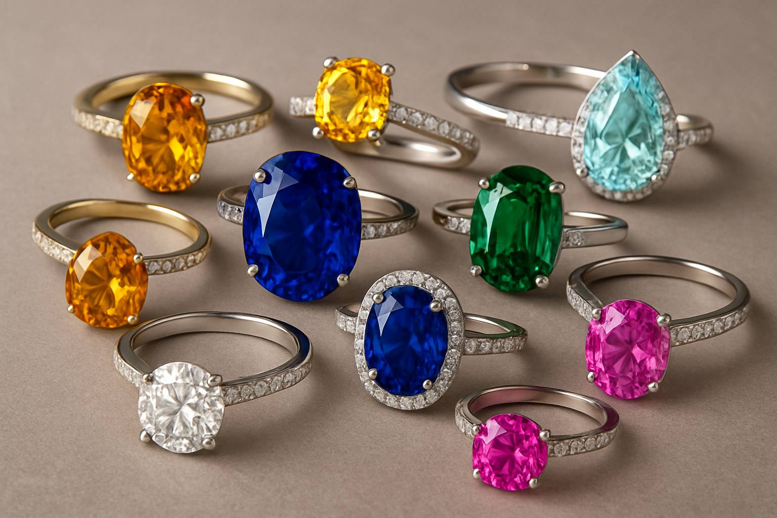 an array of custom engagement ring designs featuring various gemstones and settings