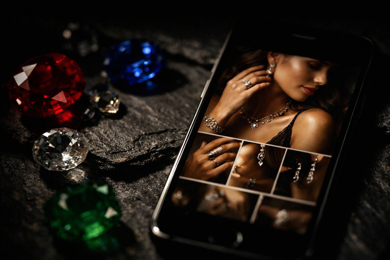 a flat lay of a smartphone displaying a jewelry influencer’s feed alongside vibrant gemstones
