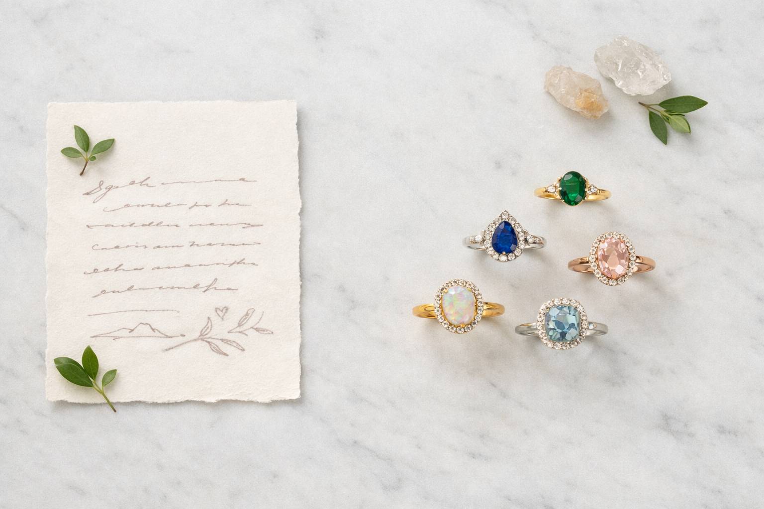 an elegant display of gemstone rings with a handwritten note about sustainability and ethical sourcing