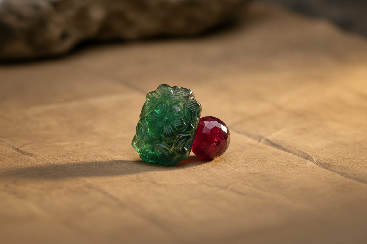 Carved Mughal-style emerald and polished red spinel bead resting on aged parchment, warm side light