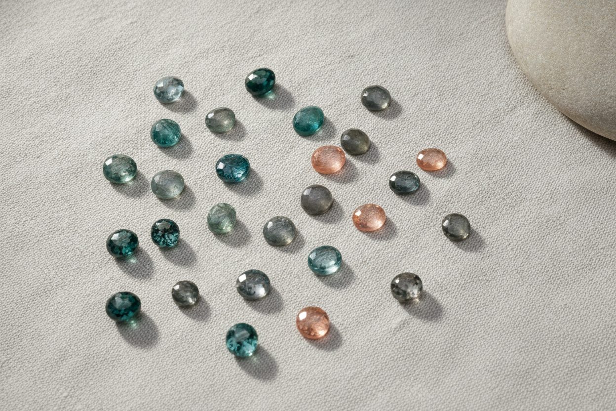 Loose teal sapphire, grey spinel and padparadscha arranged on pale linen under soft daylight