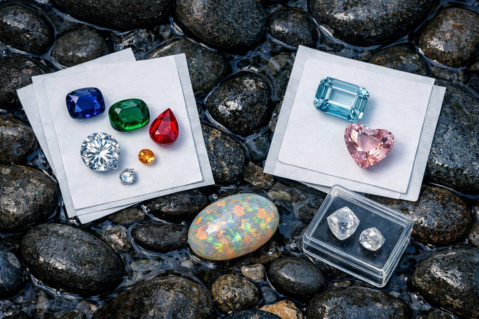 a selection of gemstones displayed alongside their certification documents on a neutral background