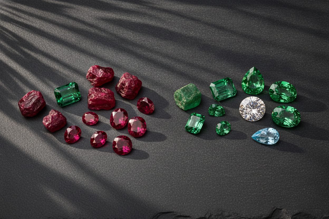 Loose rough and cut rubies and emeralds grouped by source on dark slate