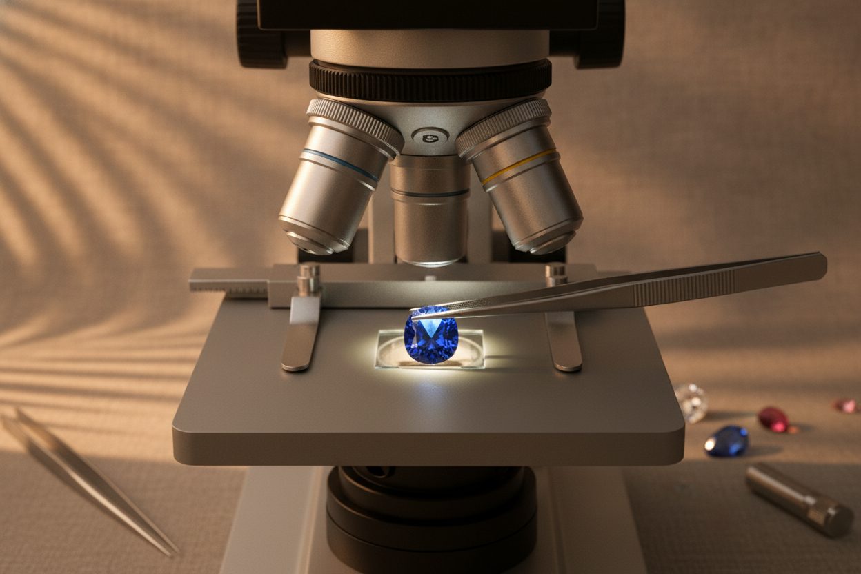Gemmologist's microscope with tweezers holding a sapphire under fibre-optic light