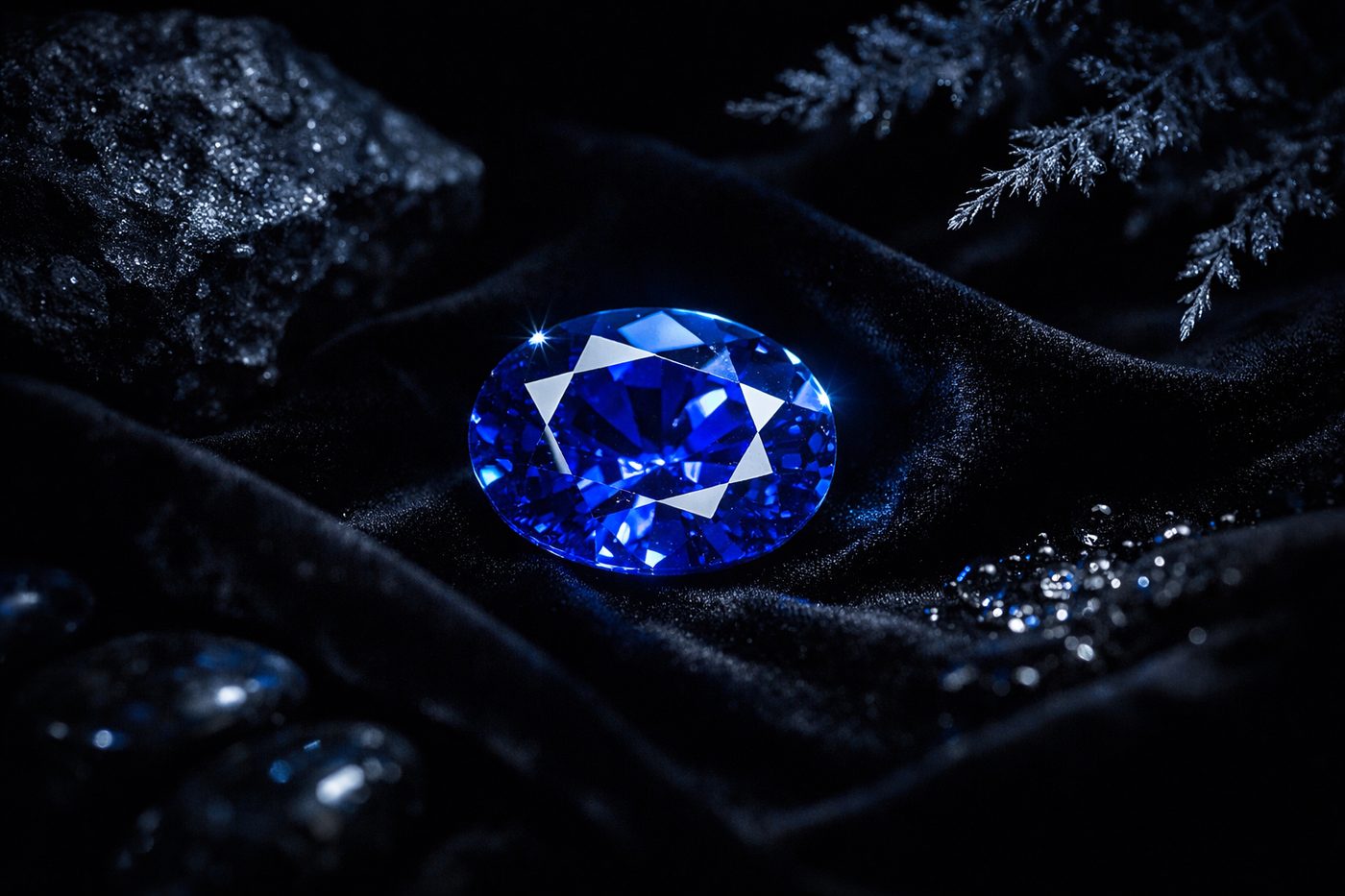 a close-up of a vibrant blue sapphire surrounded by natural elements
