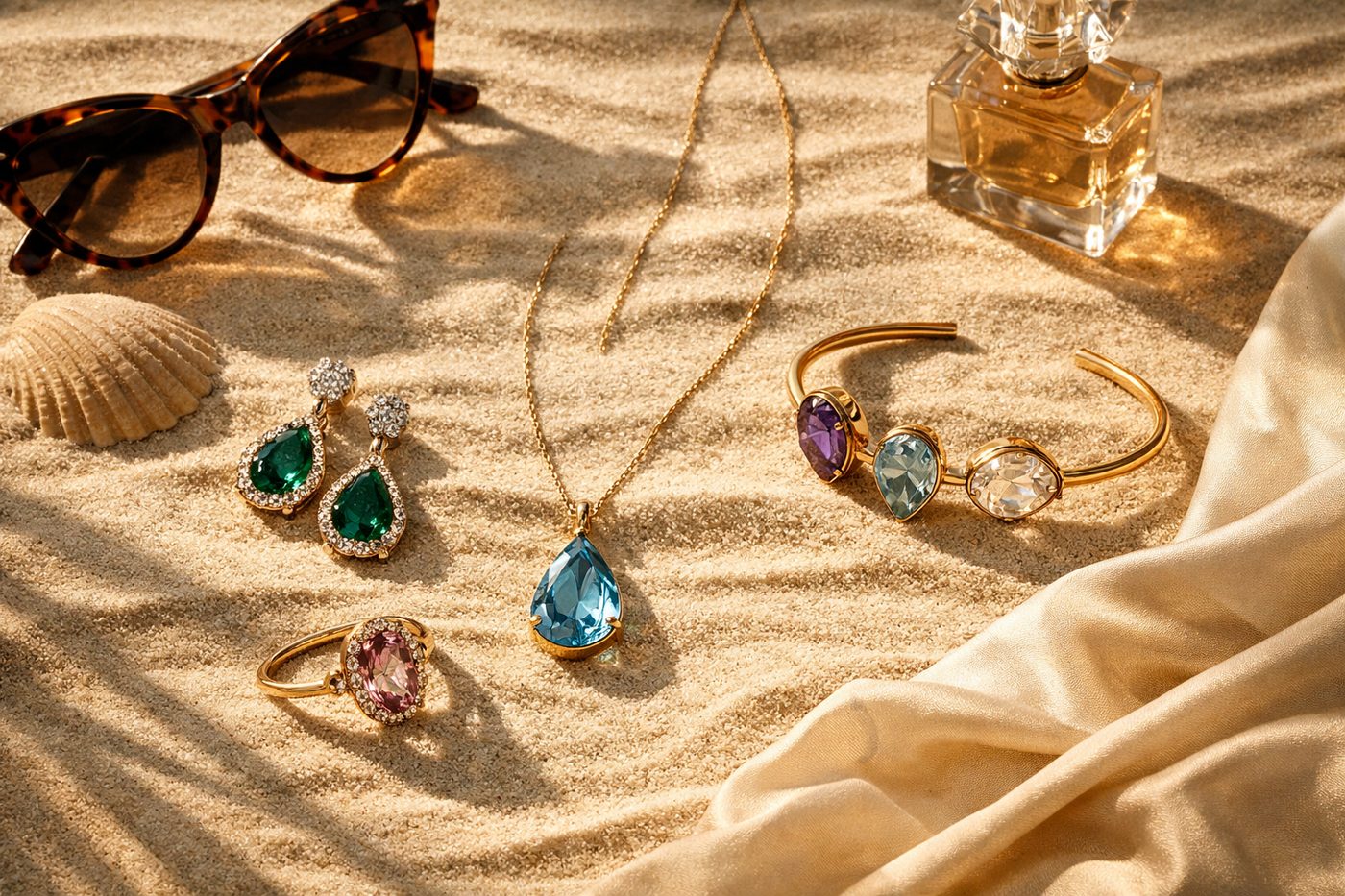 an elegant flat lay of gemstone jewelry styled with chic accessories