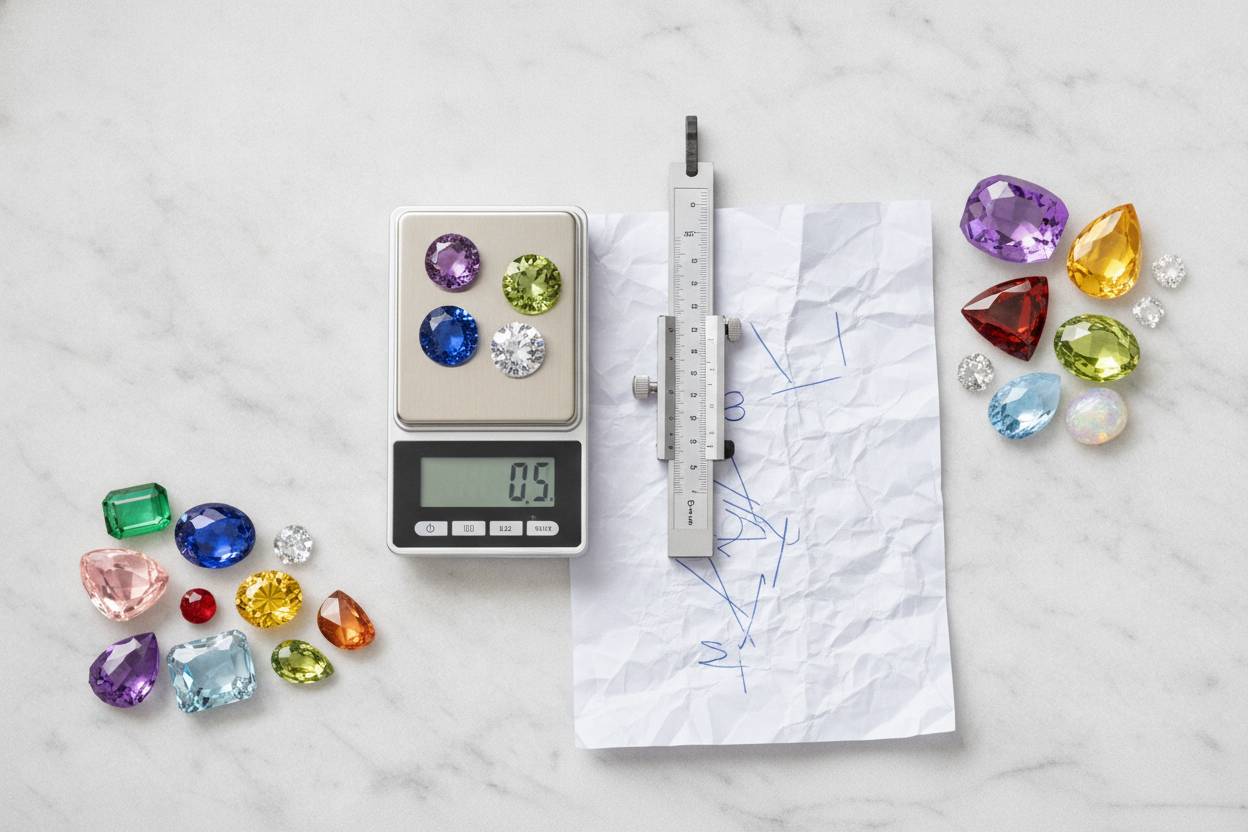 Gem scale, millimetre gauge and laboratory report sheet arranged on a white bench