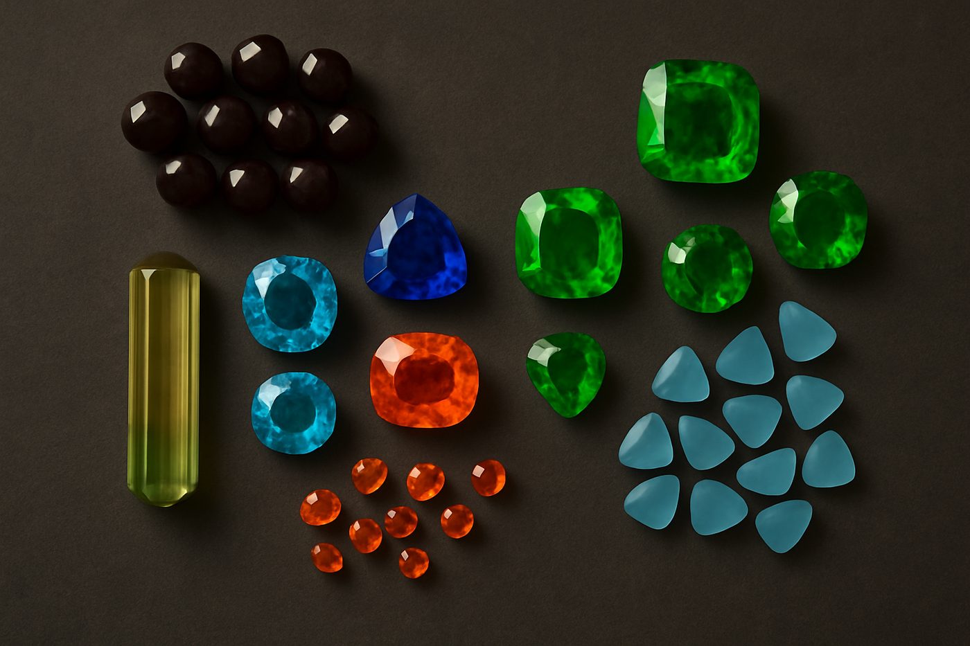 an array of gemstones displaying the four Cs: cut, color, clarity, and carat weight