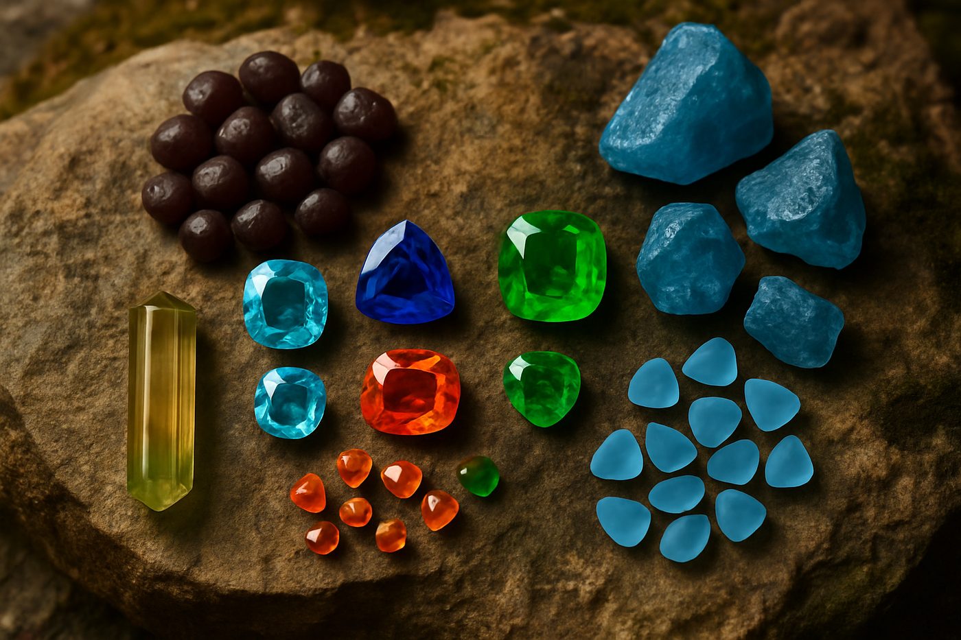 a close-up of ethically sourced gemstones with a natural background, highlighting their origins