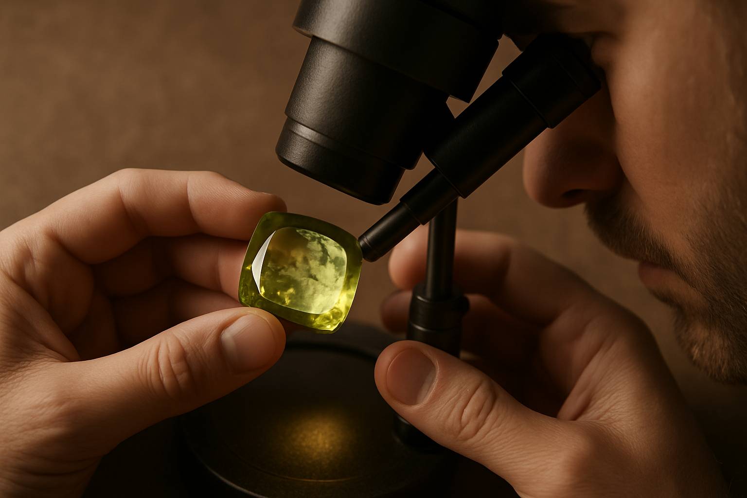 a jeweler examining a gemstone under a microscope, highlighting the inclusions and treatments
