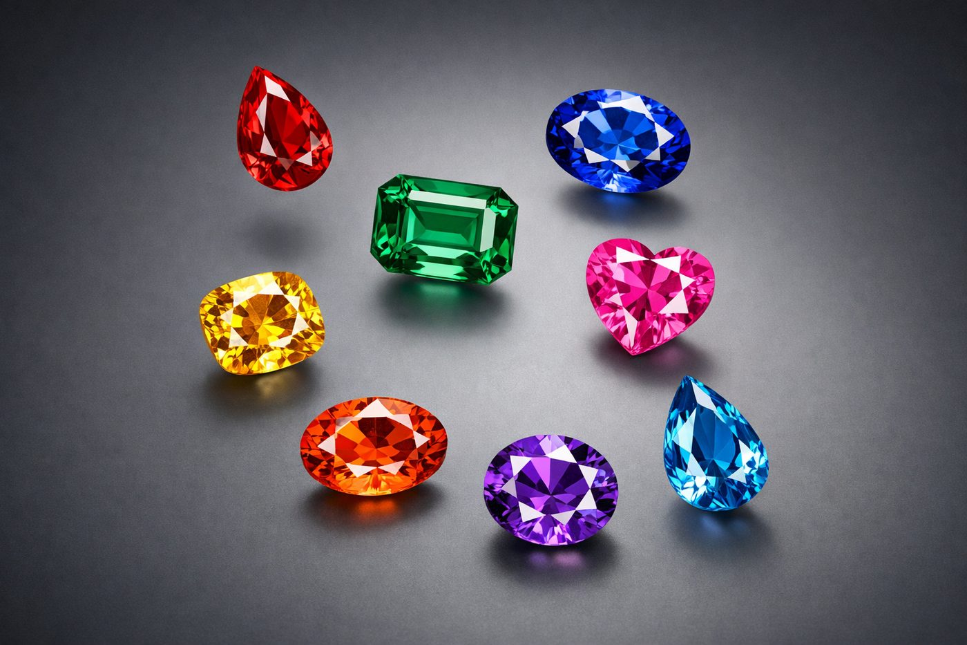 Close-up of heat-treated gemstones with vibrant colors