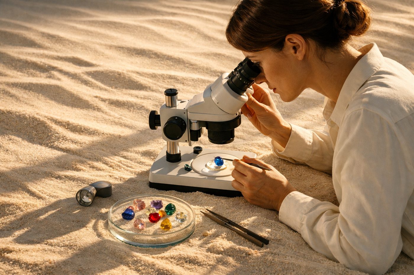 An image of a gemologist examining gemstones under a microscope