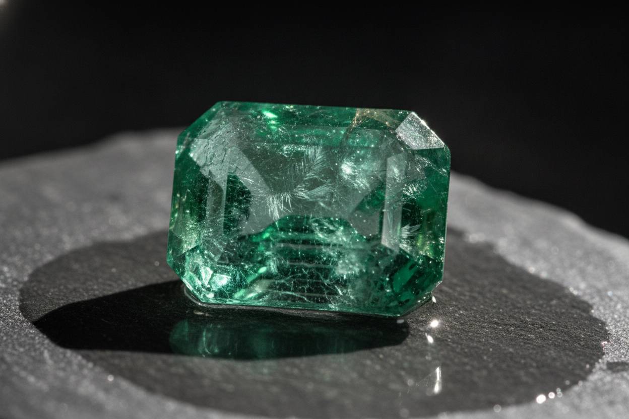 Macro view of an emerald showing fissures and oil filling under diffused daylight