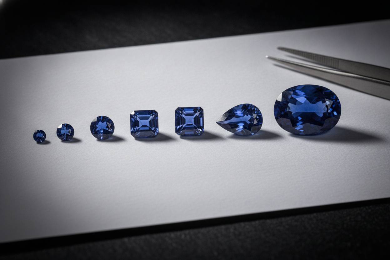 Graduated row of blue sapphires rising in carat weight on white paper, tweezers beside