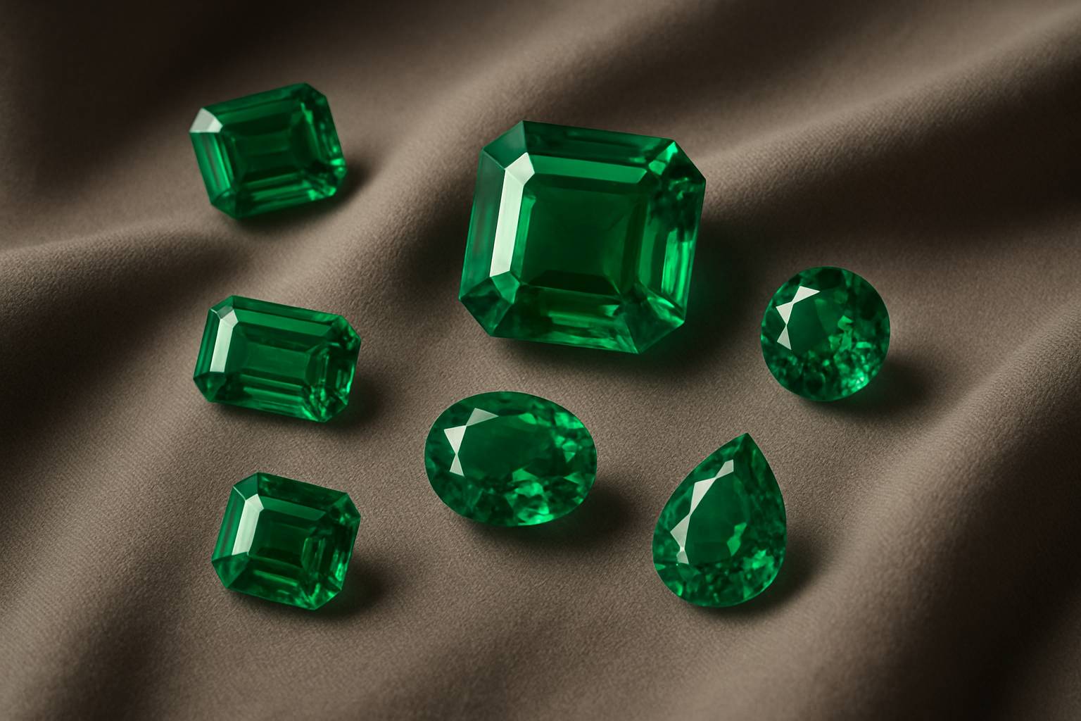 a selection of emeralds in various cuts displayed on soft fabric
