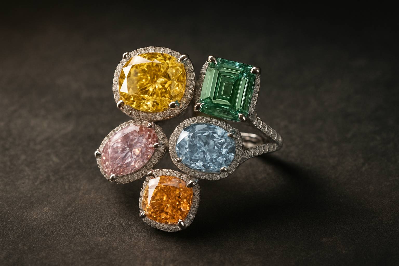 an arrangement of fancy colored diamonds in an elegant setting