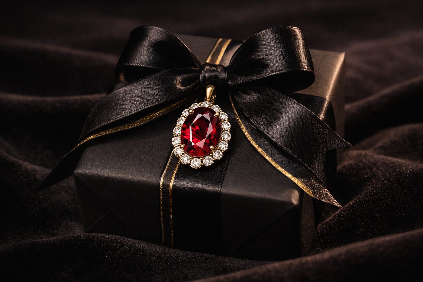 A beautifully wrapped gift featuring a ruby gemstone