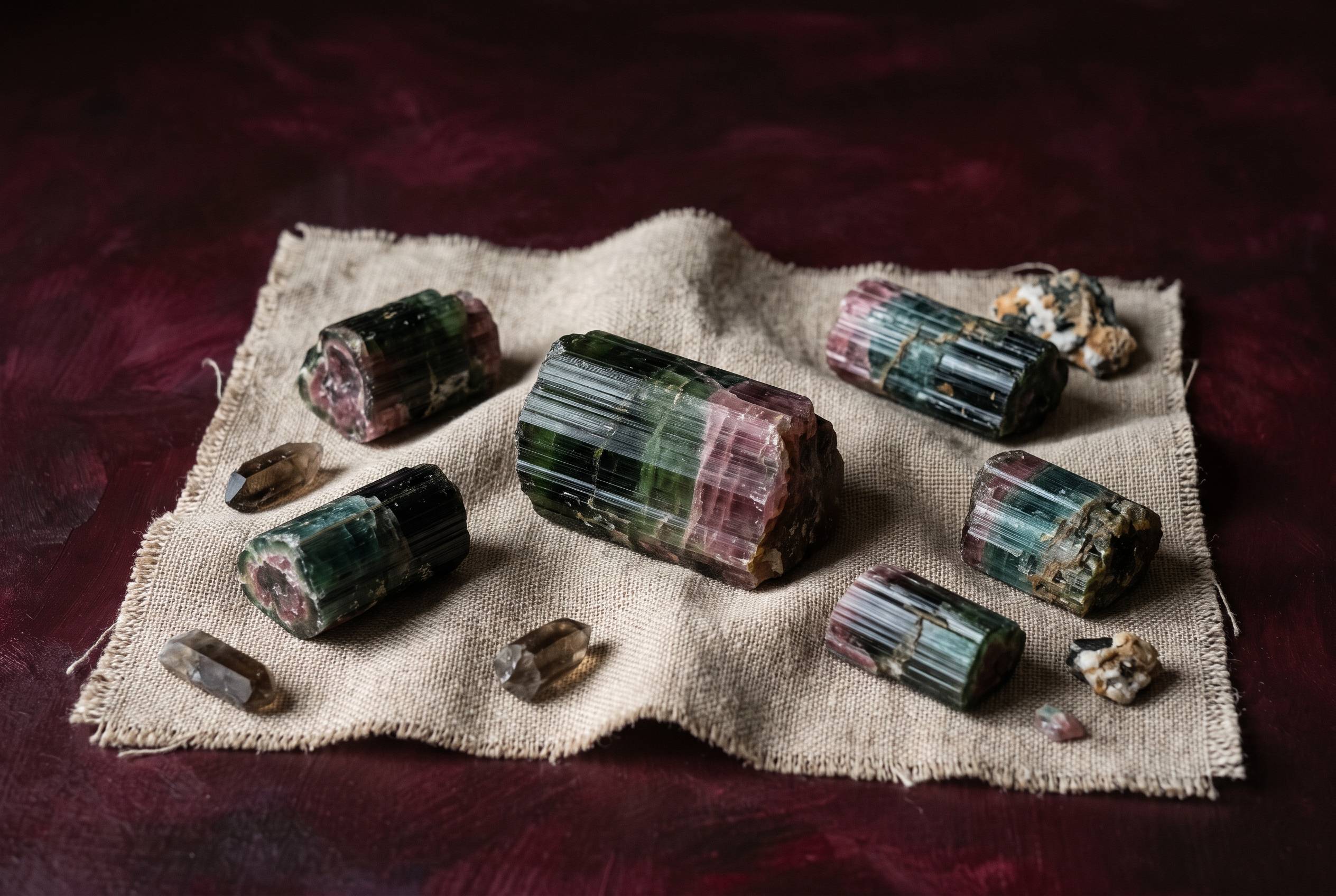 Rough striated tourmaline prisms from pegmatite, colour zoned, arranged on neutral linen