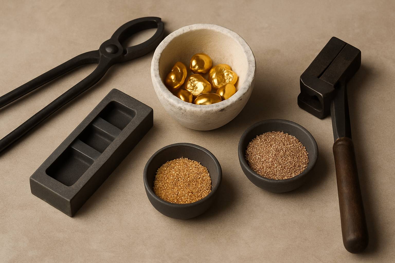 a detailed setup of tools and materials used in gold casting on a neutral surface