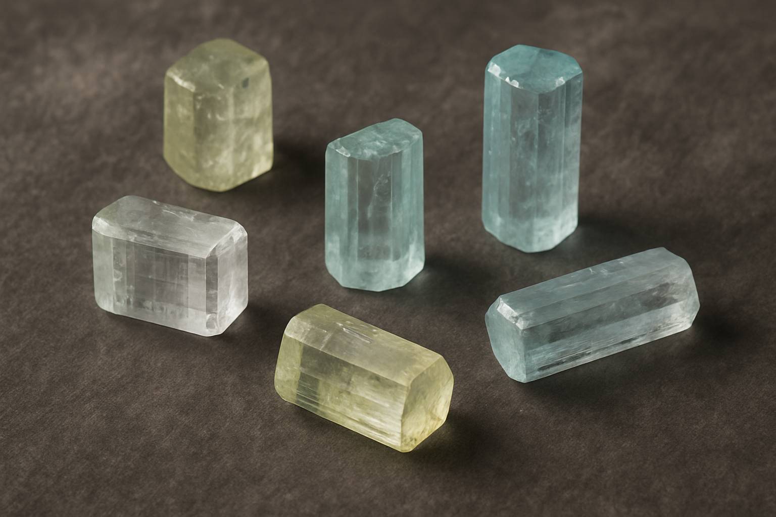 an overview of natural beryl crystals, showcasing their clarity and color variations