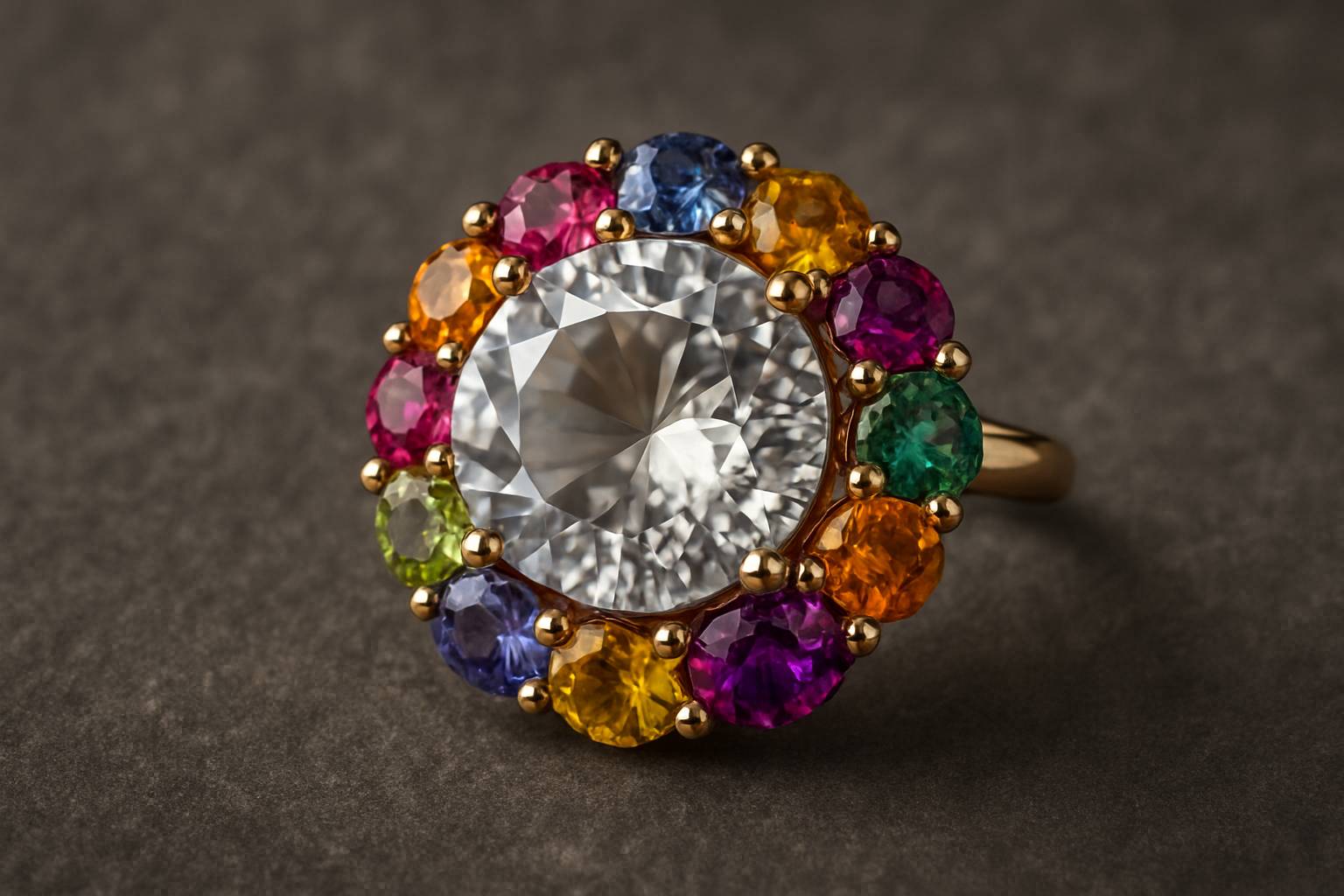 a beautifully crafted piece of jewelry featuring goshenite surrounded by colorful gemstones