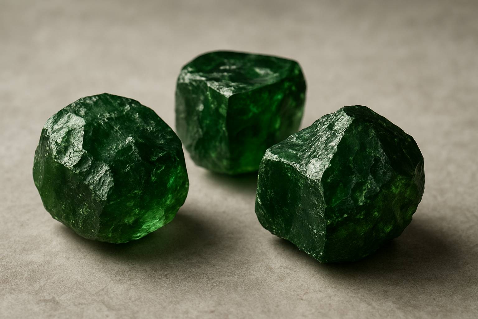 a close-up of raw green garnet crystals on a neutral surface, showcasing their unique textures