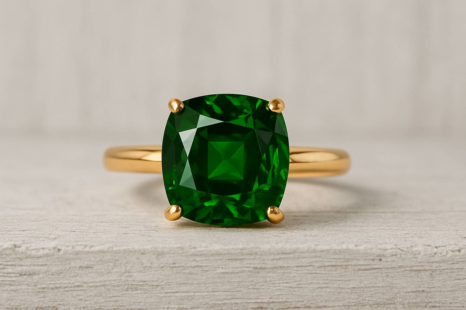a beautifully crafted ring featuring a vibrant green garnet set in gold, on a light background