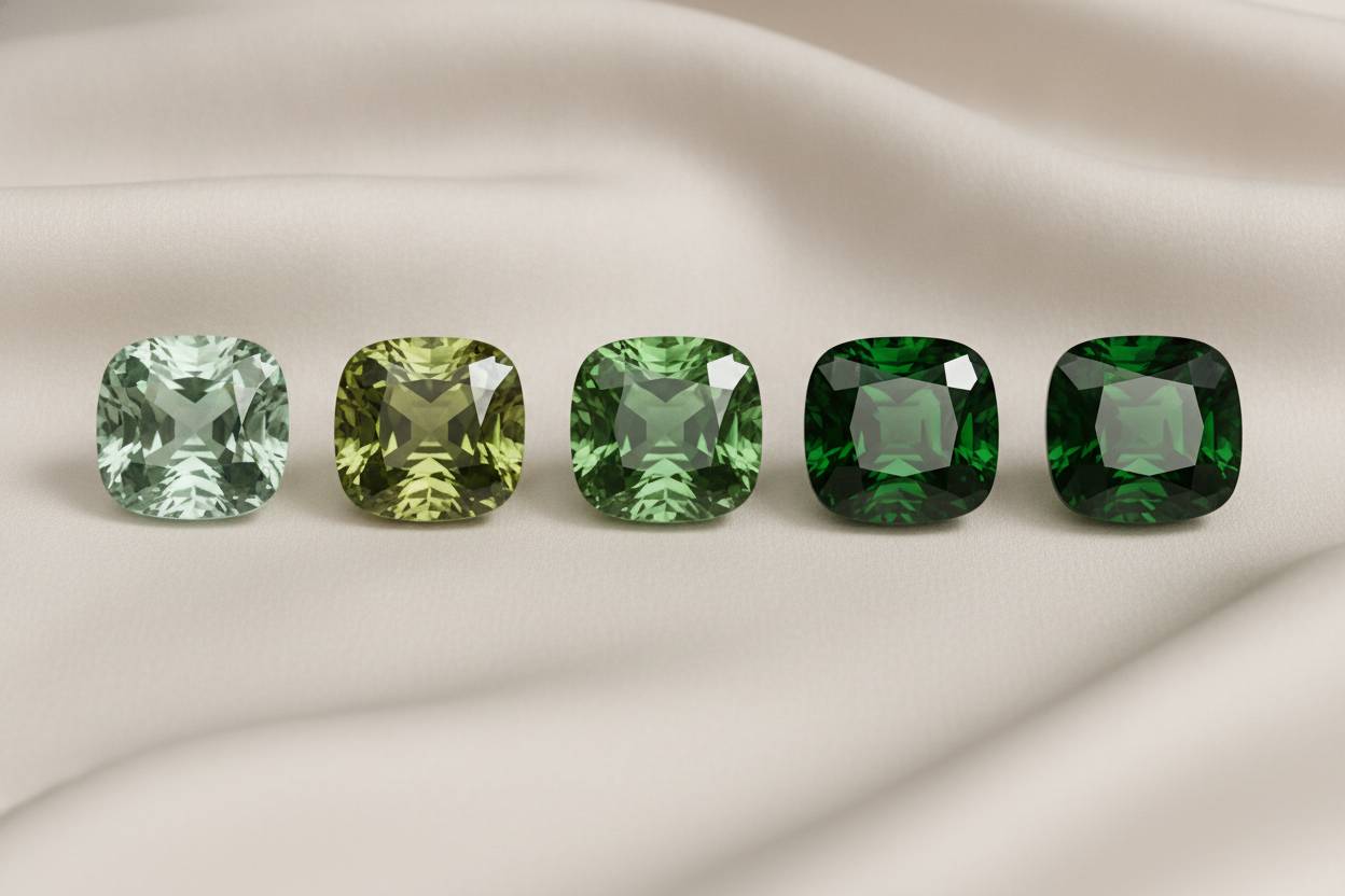 Five loose green garnets side by side, from mint grossular to deep chrome green, neutral background
