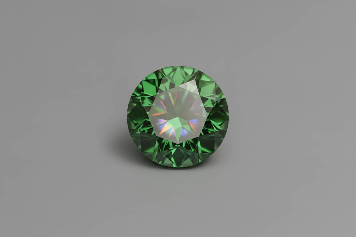 Round demantoid garnet showing spectral fire against matte grey surface, macro detail
