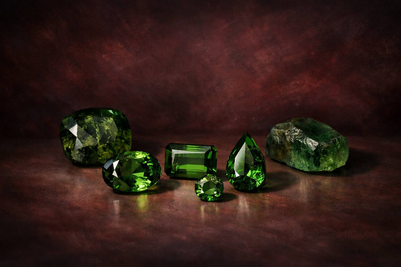 a selection of green tourmaline gemstones with clarity grades labeled, set on a smooth surface