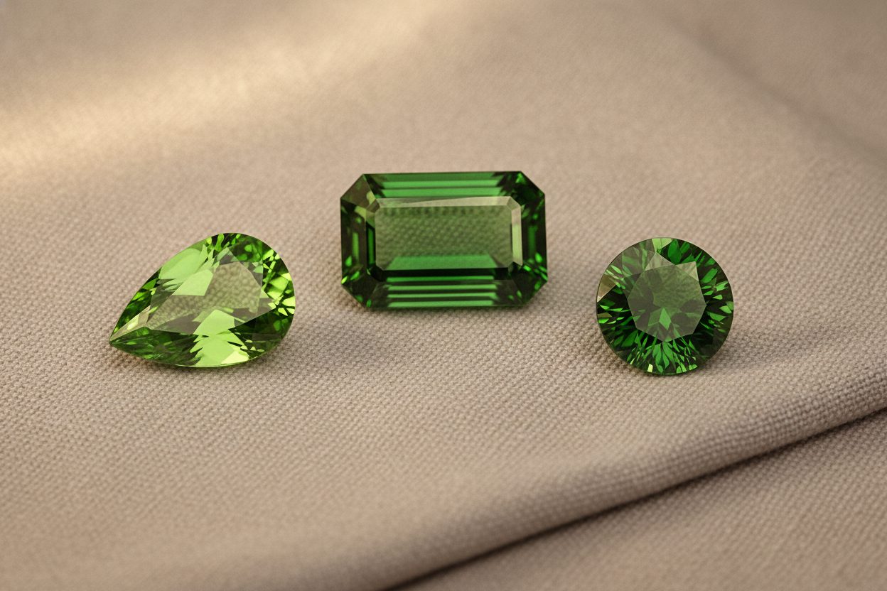 Three green tourmalines in lime, grass and forest tones arranged on neutral linen