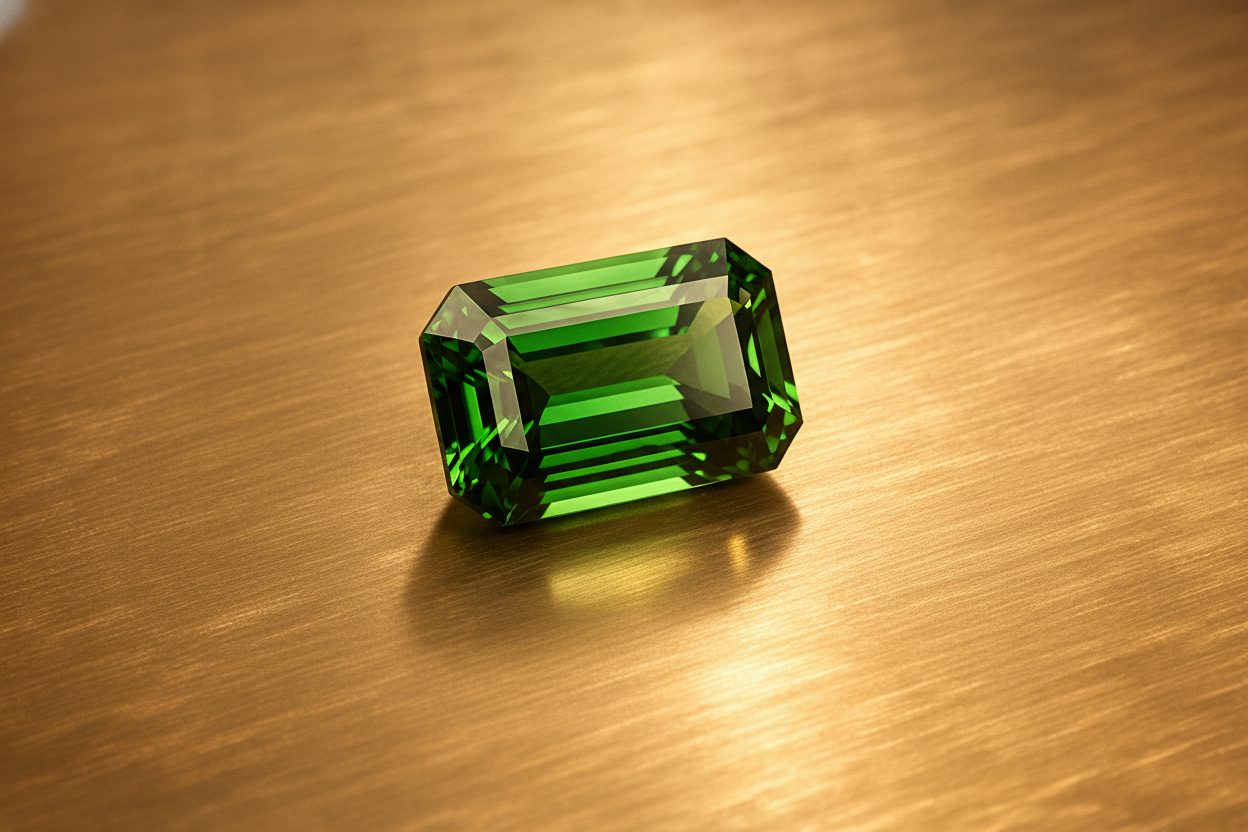 Elongated green tourmaline cushion viewed face-up showing even brilliance and closed culet