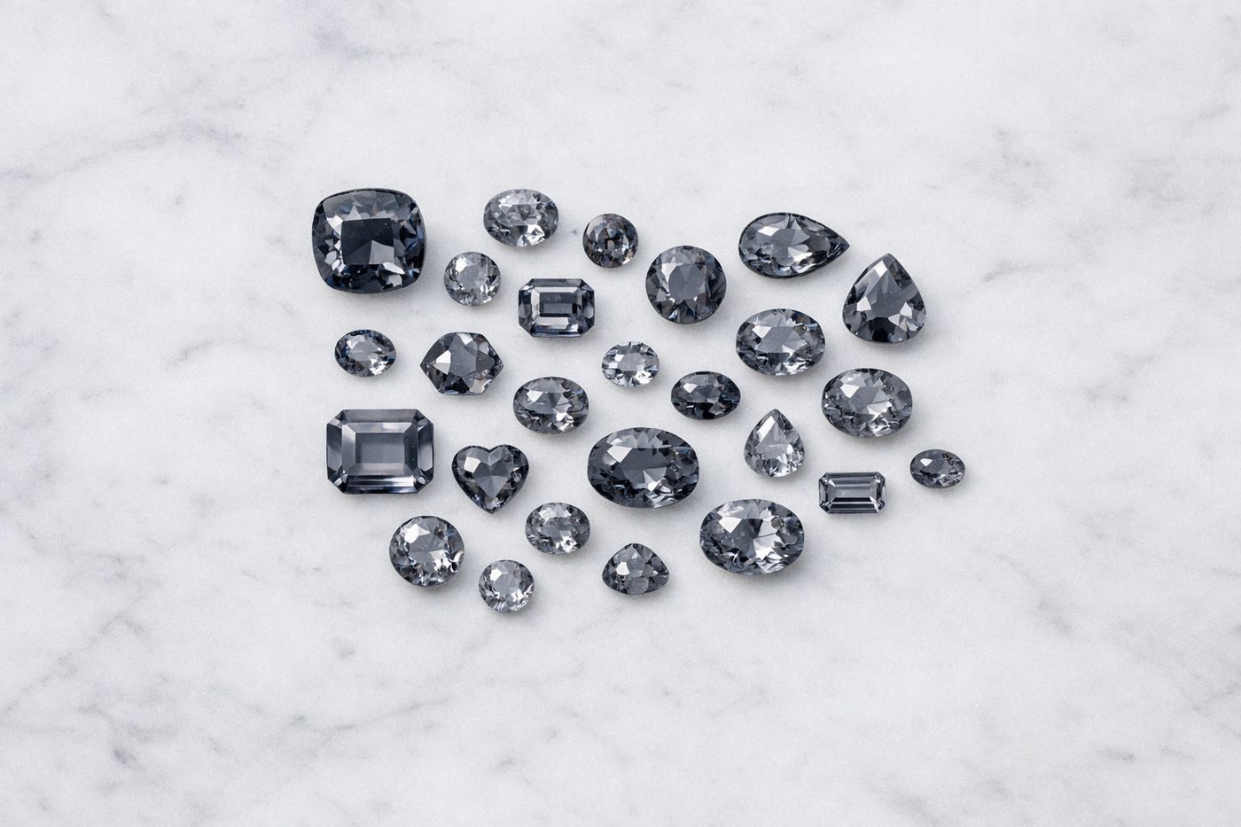 an array of grey spinel stones from different origins, displayed on a smooth surface