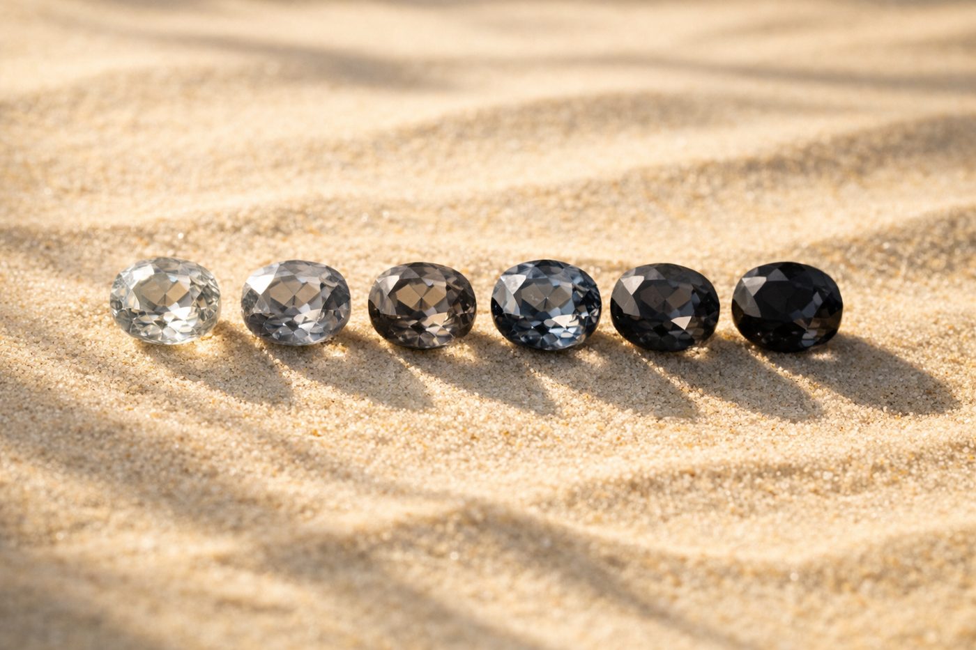 various shades of grey spinel displayed side by side, highlighting color differences