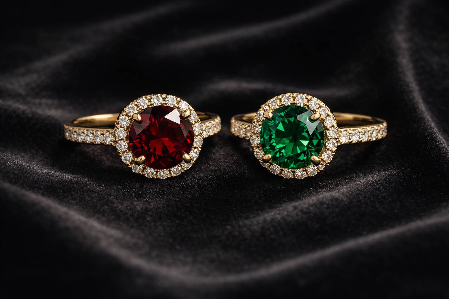 Close-up of garnet and emerald birthstones with labels
