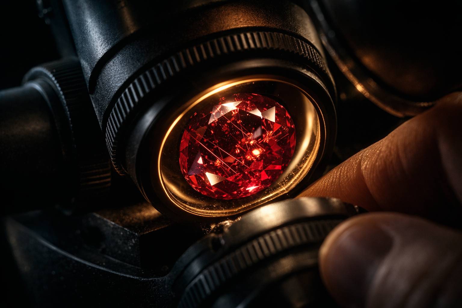 A ruby under a microscope highlighting its inclusions