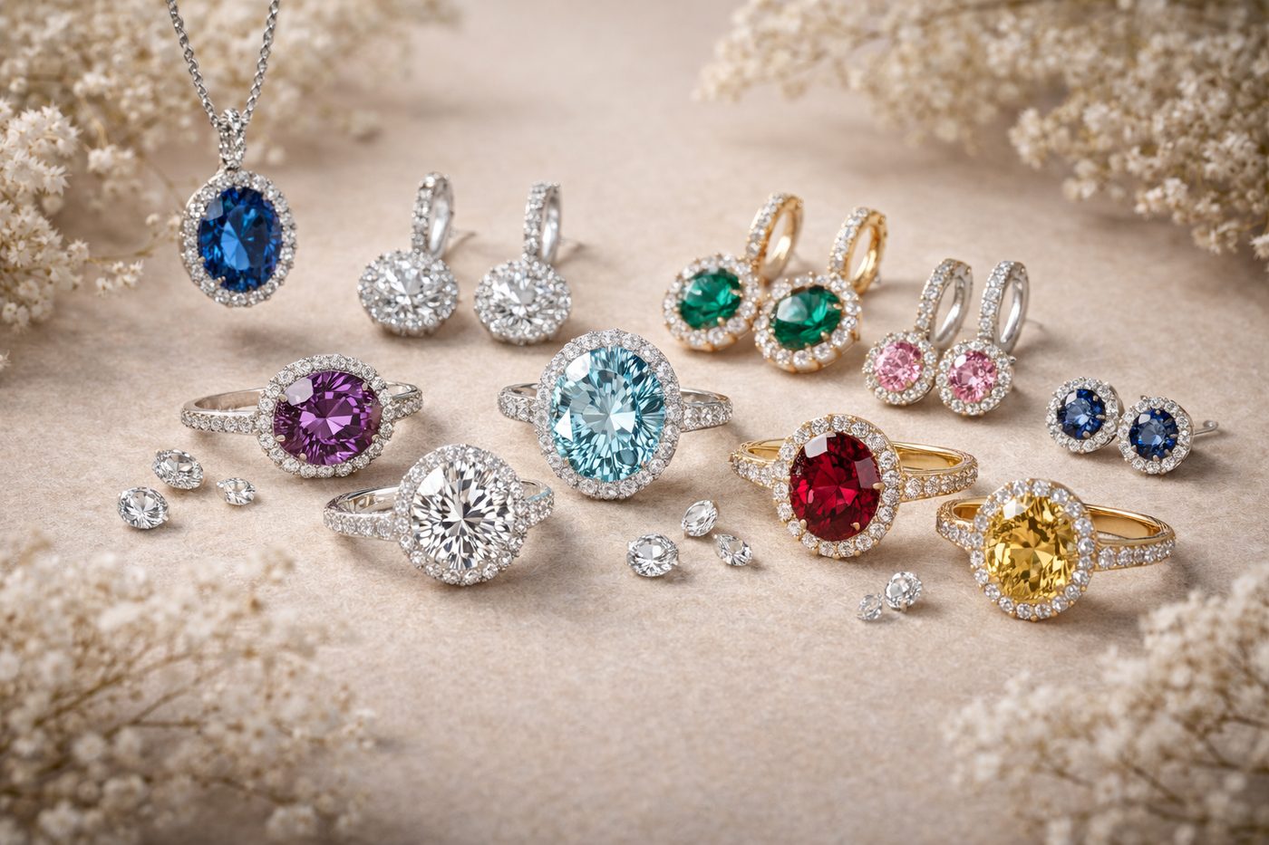 Different gemstones on a surface highlighting their hardness and beauty