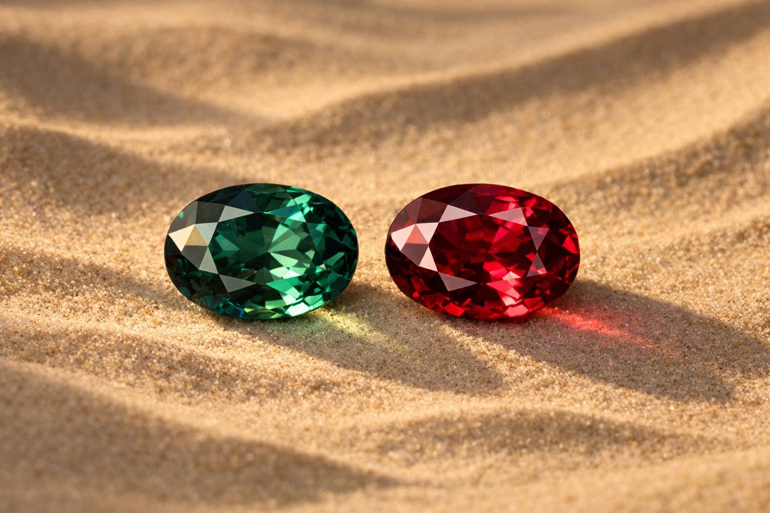 a side-by-side comparison of green and red alexandrite gemstones