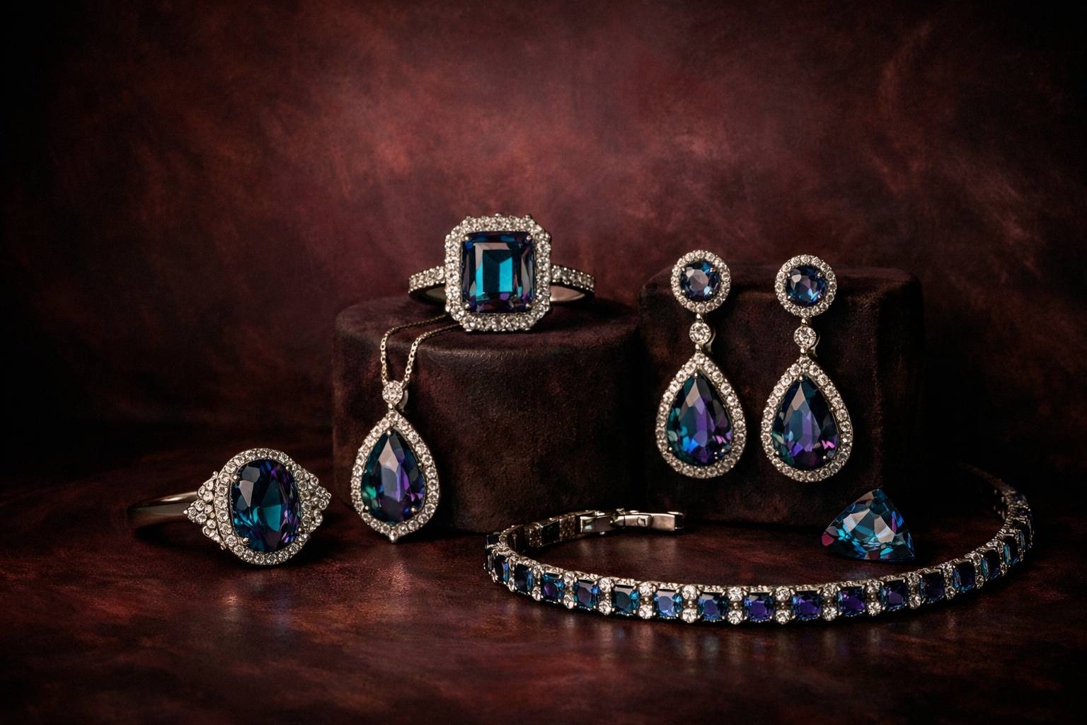 a display of various cuts of alexandrite in elegant settings