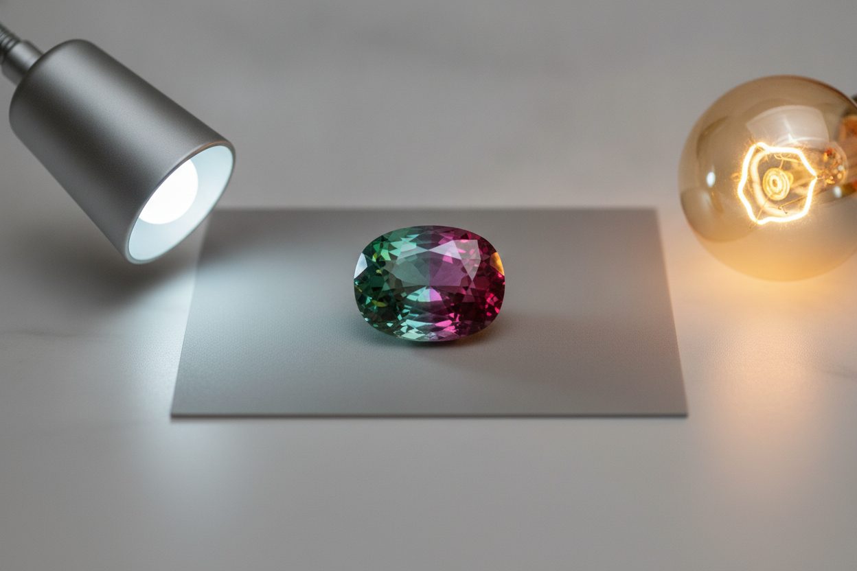 Faceted alexandrite on neutral grey card beside daylight lamp and incandescent bulb, macro detail