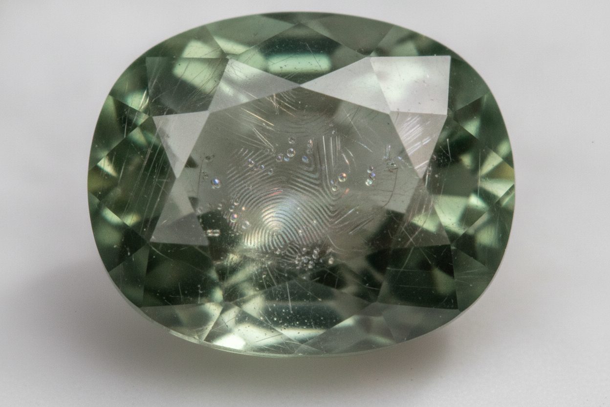 Loupe-level macro of fine silk and liquid fingerprint inclusions inside a chrysoberyl crystal