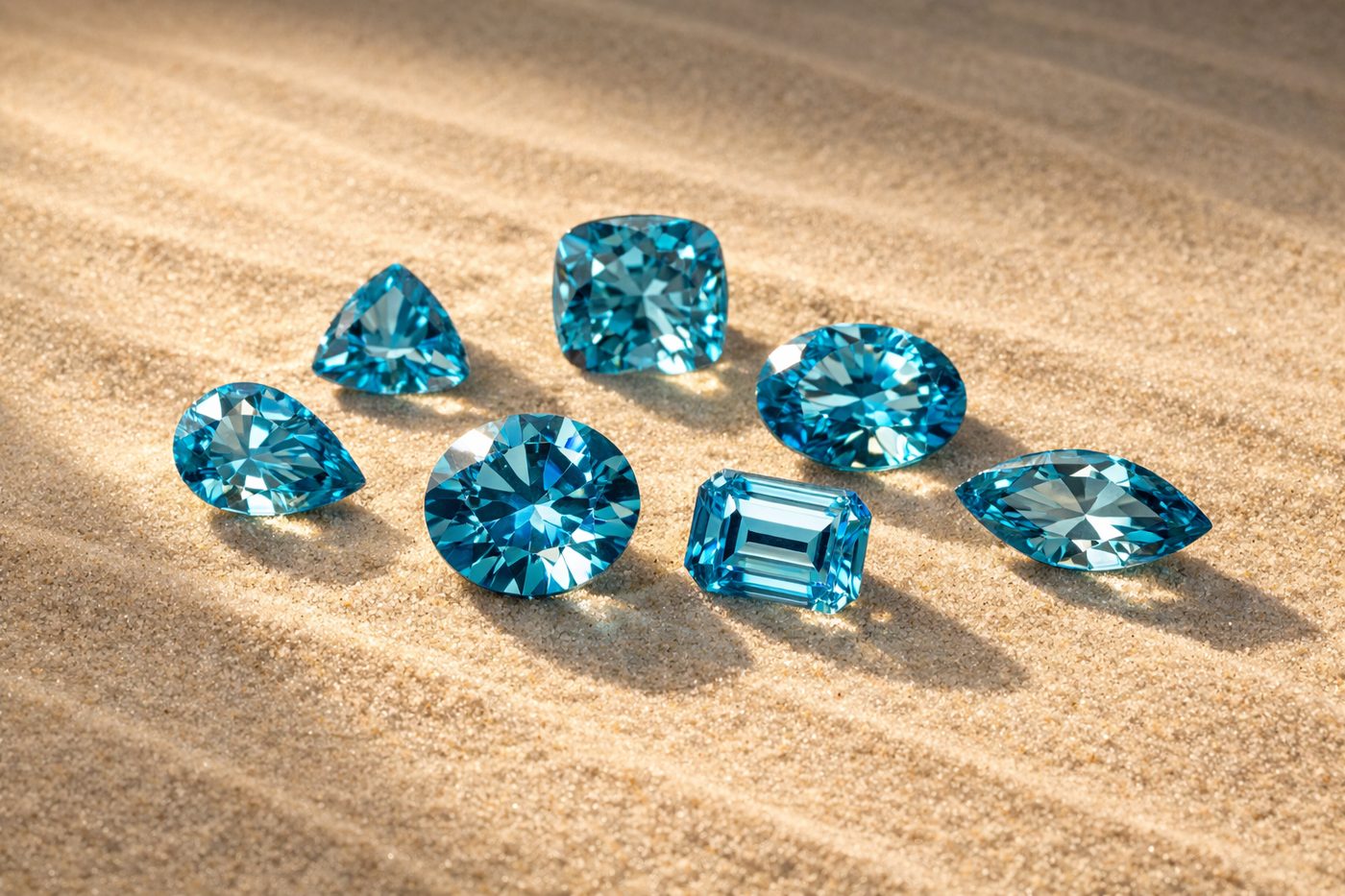 a selection of blue zircon gemstones in different cuts displayed on a neutral surface
