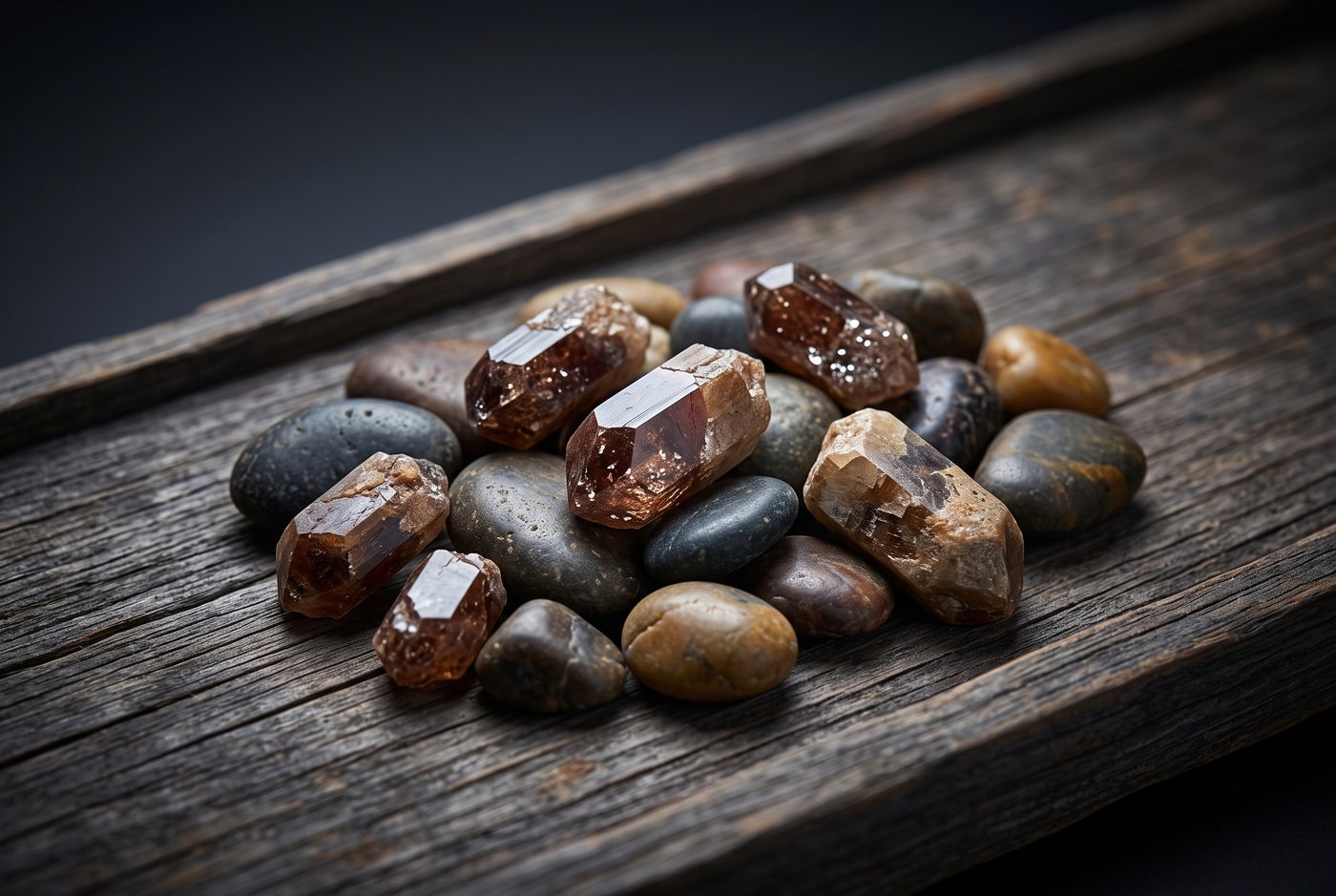 Rough brownish zircon crystals and water-worn alluvial gravel on weathered wooden tray